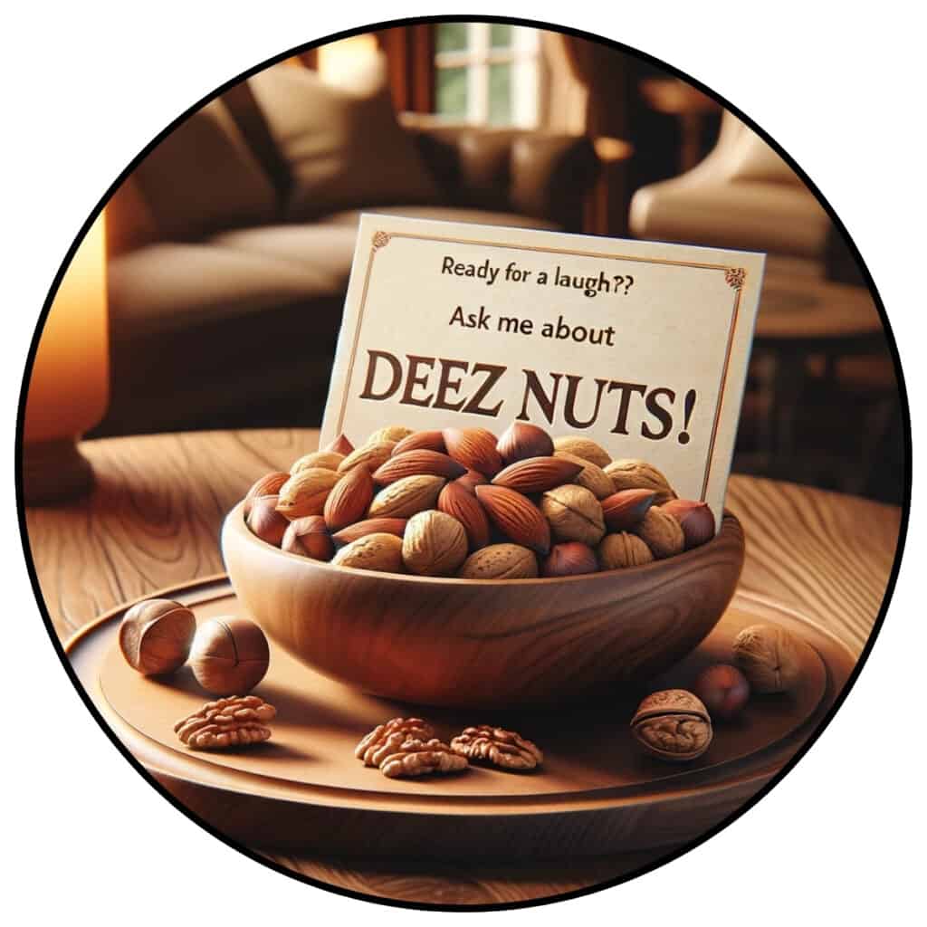 Photo of a bowl of nuts with a note that reads 'Ready for a laugh? Ask me about DEEZ NUTS!" All within a circle frame for a post about deez nuts jokes.