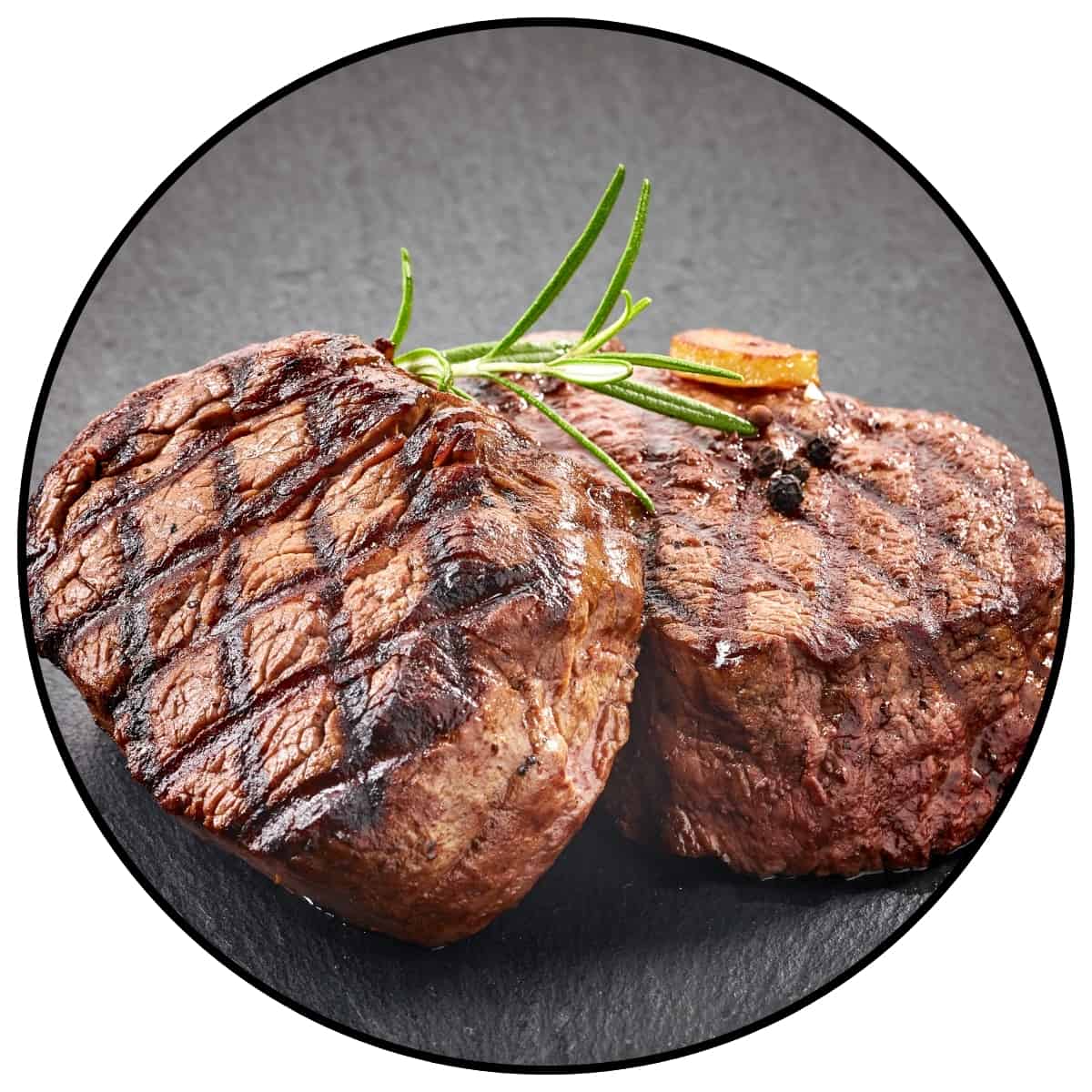 Photo of a piece of cooked beef within a circle frame for a post about beef jokes and beef puns.